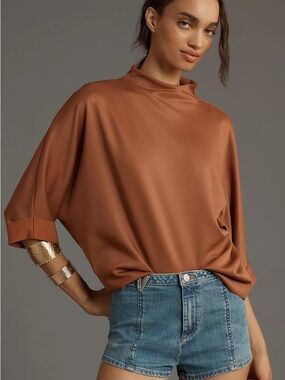 Anthropologie Women's Rust Top Mock-neck Three-quarter Top